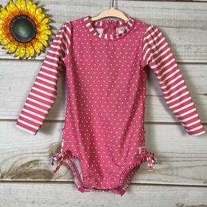 RuffleButts Pink Heart Long Sleeve One Piece Swimsuit Rash Guard 2T As-Is